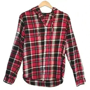 🌈 6/$60, Forever 21 Plaid Flannel Hoodie, Red/White/Black, Size Small